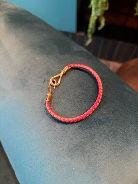 Hermes Pink Braided Leather Bracelet with Gold Hardware